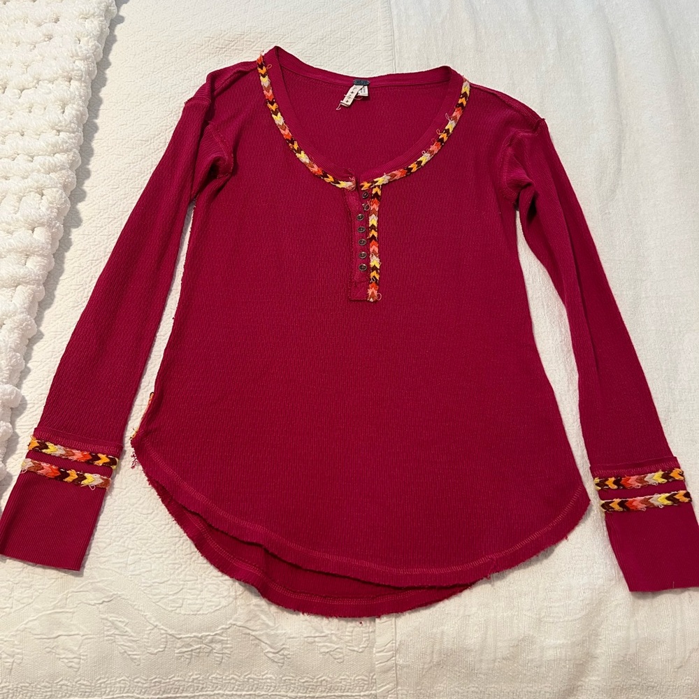 We the free Rainbow Red Long Sleeve Henley Top with Patterned Trim